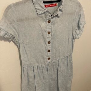 Pyne & Smith Model No.23 Powder blue Linen short sleeve, knee length dress
